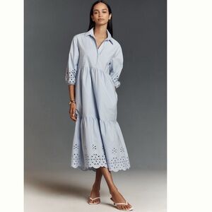 NWT Anthro Maeve The Bettina Tiered Cotton Maxi Shirt Dress Eyelet Edition, S